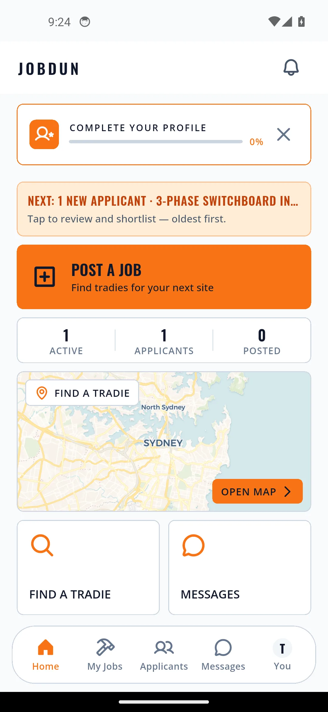 The Jobdun app builder home: a new applicant on a 3-phase switchboard job, with a Sydney job map.