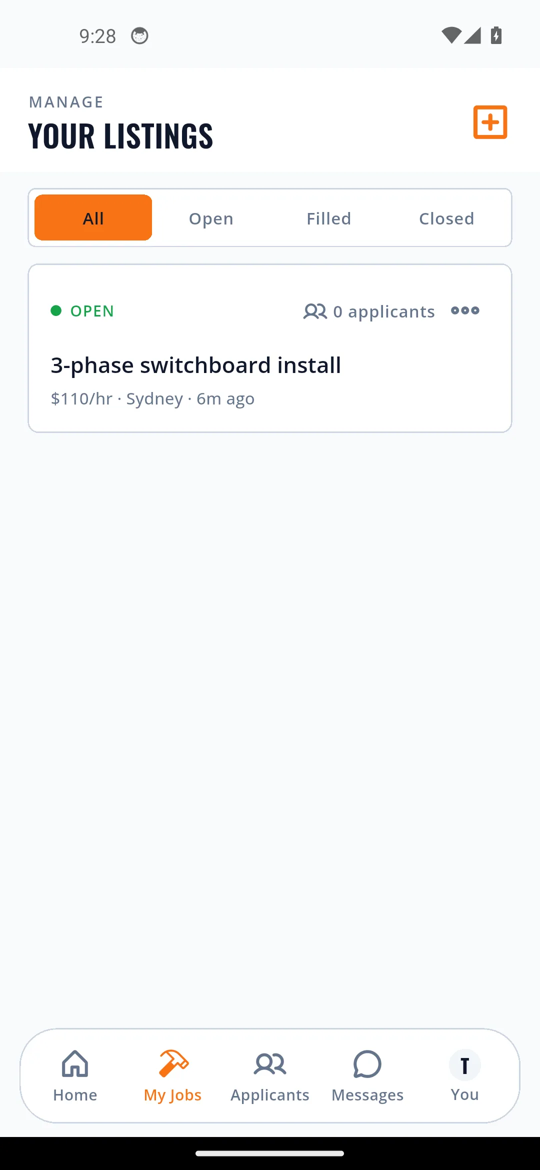 The Jobdun app showing a freshly posted job with its details and quote.